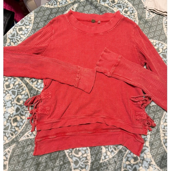 Free People Tops - Free People FP One Thermal Waffle Knit Lace Up Side Top Coral Red Womens Medium